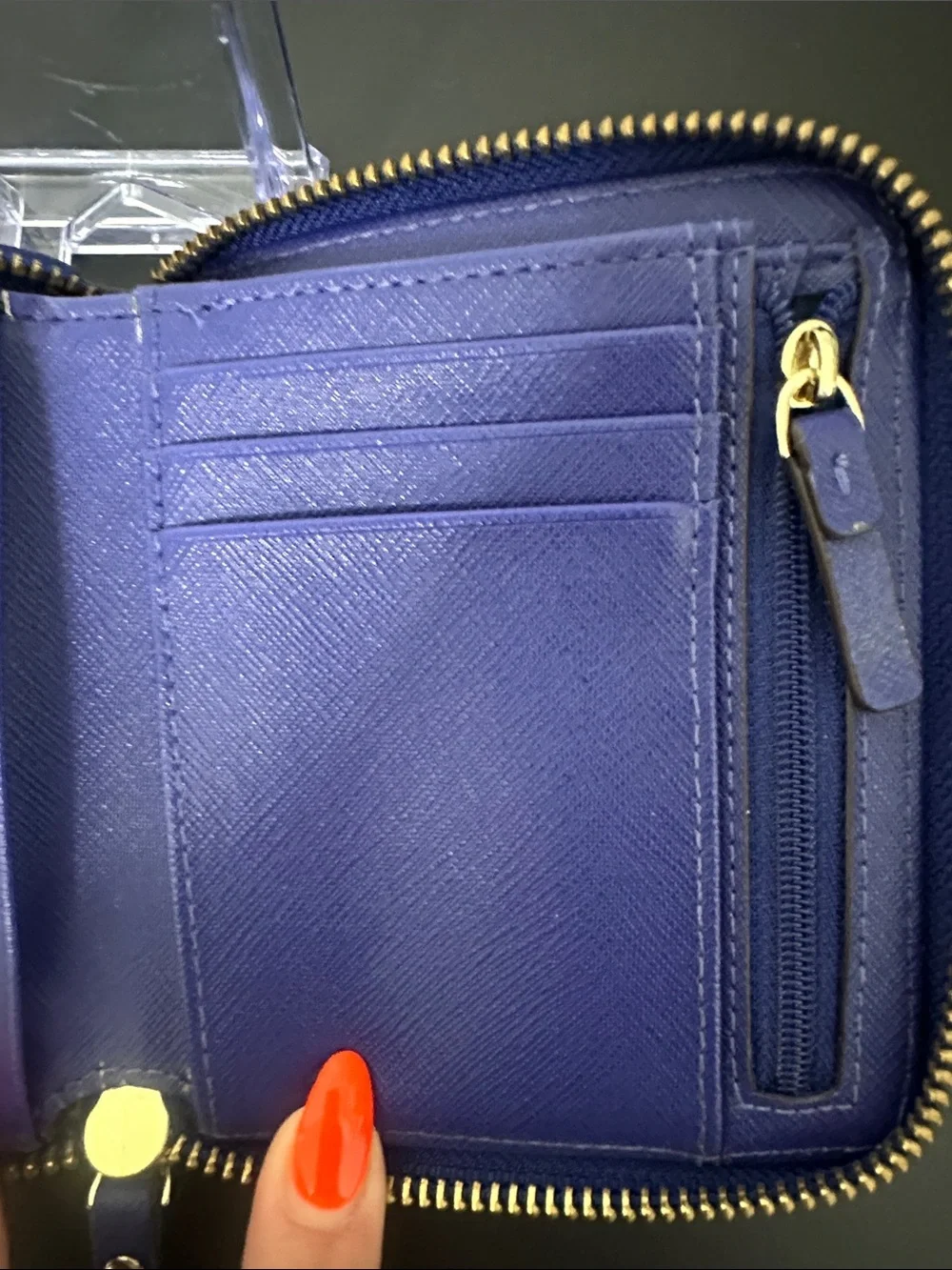 EUC kate spade cobalt blue laser-cut zip wallet with gold logo and Gold Zipper